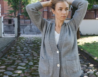 Handmade Long Open Front Cardigan With Pockets for Ladies, Dark Grey Wool  Cardigan Sweater, Women's Coatigan, Oversized Knitwear 