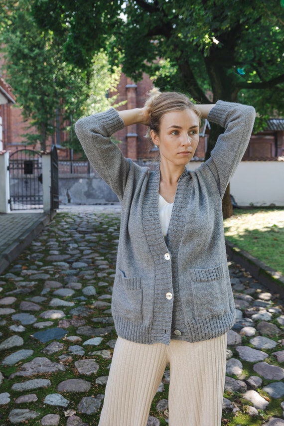 Women's Grey Cardigan Sweater With Buttons and Pockets, Hand