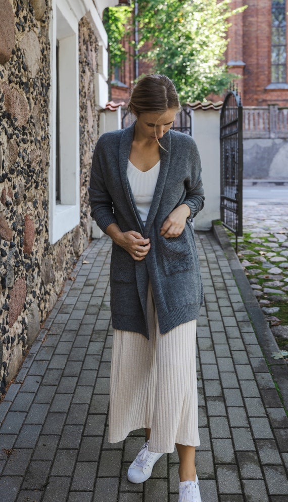 Handmade Long Open Front Cardigan With Pockets for Ladies, Dark