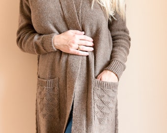 Cardigan en laine d'alpaga, manteau femme tricoté confortable, pull en laine fait main en marron