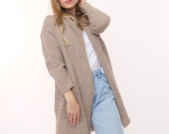 Cardigan beige doux et chaud, Cardigan surdimensionné épais en laine d'alpaga, Cardigan en alpaga tricoté de qualité