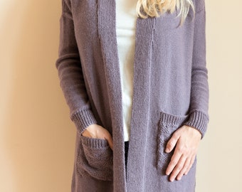 Cardigan en laine d'alpaga, manteau long pour femme, mode féminine, cardigan en laine d'hiver confortable, fil norvégien de qualité, cardigan violet