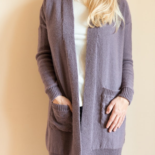 Cardigan en laine d'alpaga, manteau long pour femme, mode féminine, cardigan en laine d'hiver confortable, fil norvégien de qualité, cardigan violet