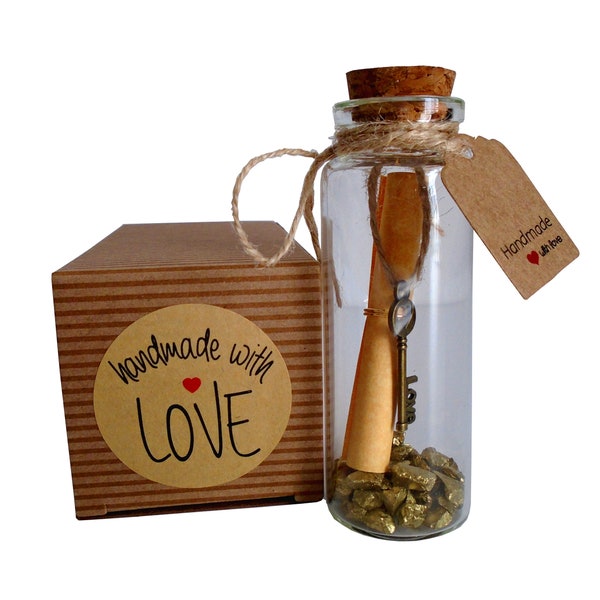 Petite Message in a Bottle with Love Key Pendant & Gold Pebbles - Thoughtful Gift - Unique Present - Artisan Handcrafted Gift