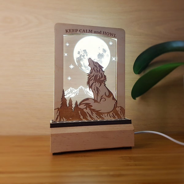 Howling Wolf Night Light- Wooden Wolf Lamp - Wolf and Moon Decor- Moon and Stars