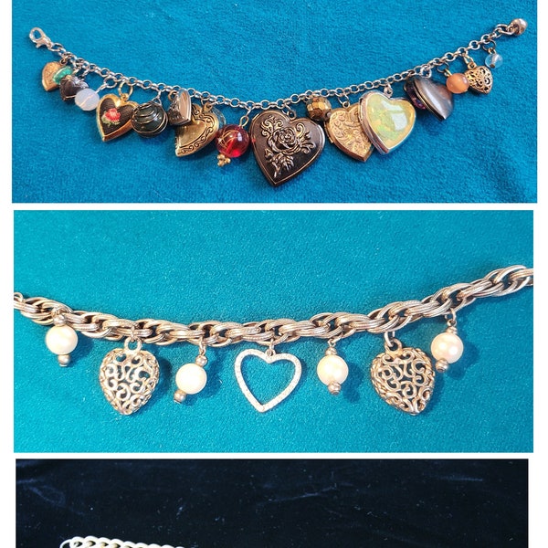 Hearts Charm Lockets Bracelets - Gold Silver Pearls Crystals