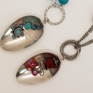 Assemblage Silver Plated Spoon Necklaces, Plated silver spoon pendant, 2 styles Red or Blue