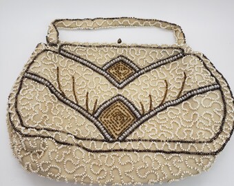 Vintage Ecru Brown beaded evening bag purse