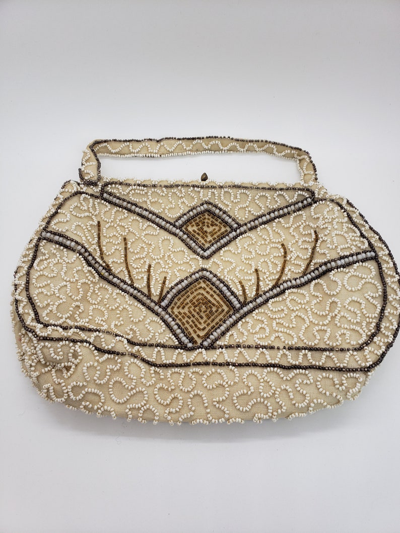 Vintage Ecru Brown beaded evening bag purse image 1