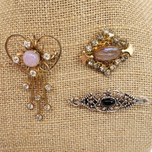 3 styles vintage brooches pins - Atomic, opal, 925 silver, mourning, victorian