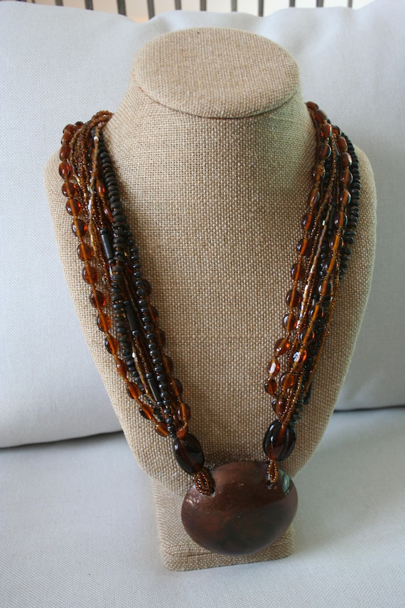 Vintage Copper toned beaded necklace with large d… - image 1