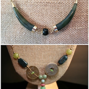 2 Styles - Asian inspired Necklaces Gold, Jade stone, Chinese Luck Coin
