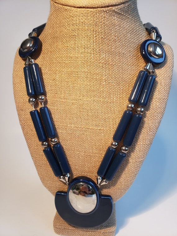 Vintage Blue Porcelain Bead Necklace - Chrome Japa