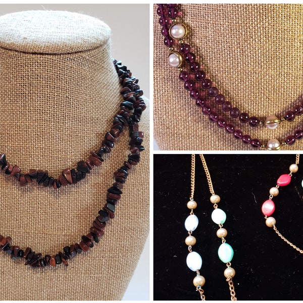 3 styles Sautoir Long Necklace , Cat Eye stone chips, Acrylic Amethyst and Pearl, Multi-color Acrylic beads - Germany