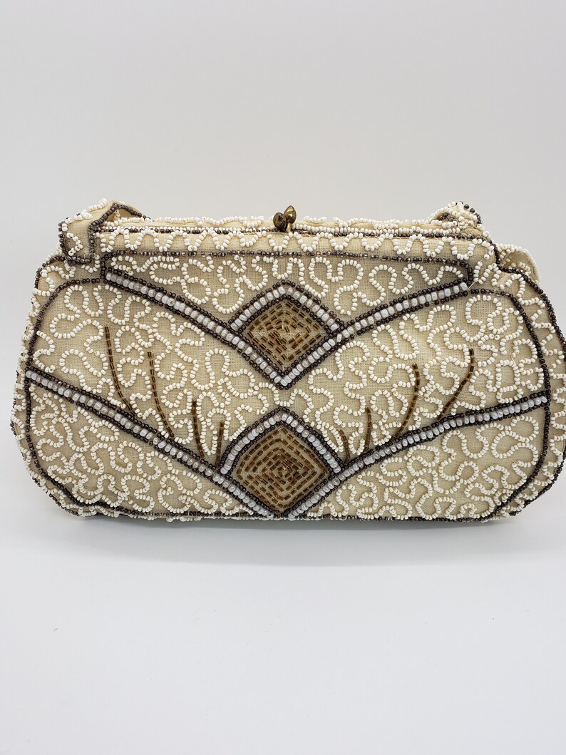 Vintage Ecru Brown beaded evening bag purse image 6