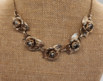 Vintage Rose  Necklace Gold tone with rhinestone centers