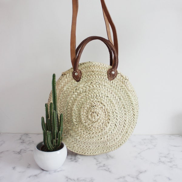 BACK IN STOCK!! Hand woven moroccan round basket bag with leather straps and handles