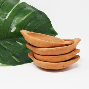 Op de afbeelding: Een stapel van vier kleine, terracotta-kleurige kleibakjes met gebogen zijkanten en handvatten. Op de achtergrond een groot, groen monstera blad. De bakjes staan op een witte ondergrond.