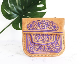 Vintage moroccan hand made leather embroidered clutch bag