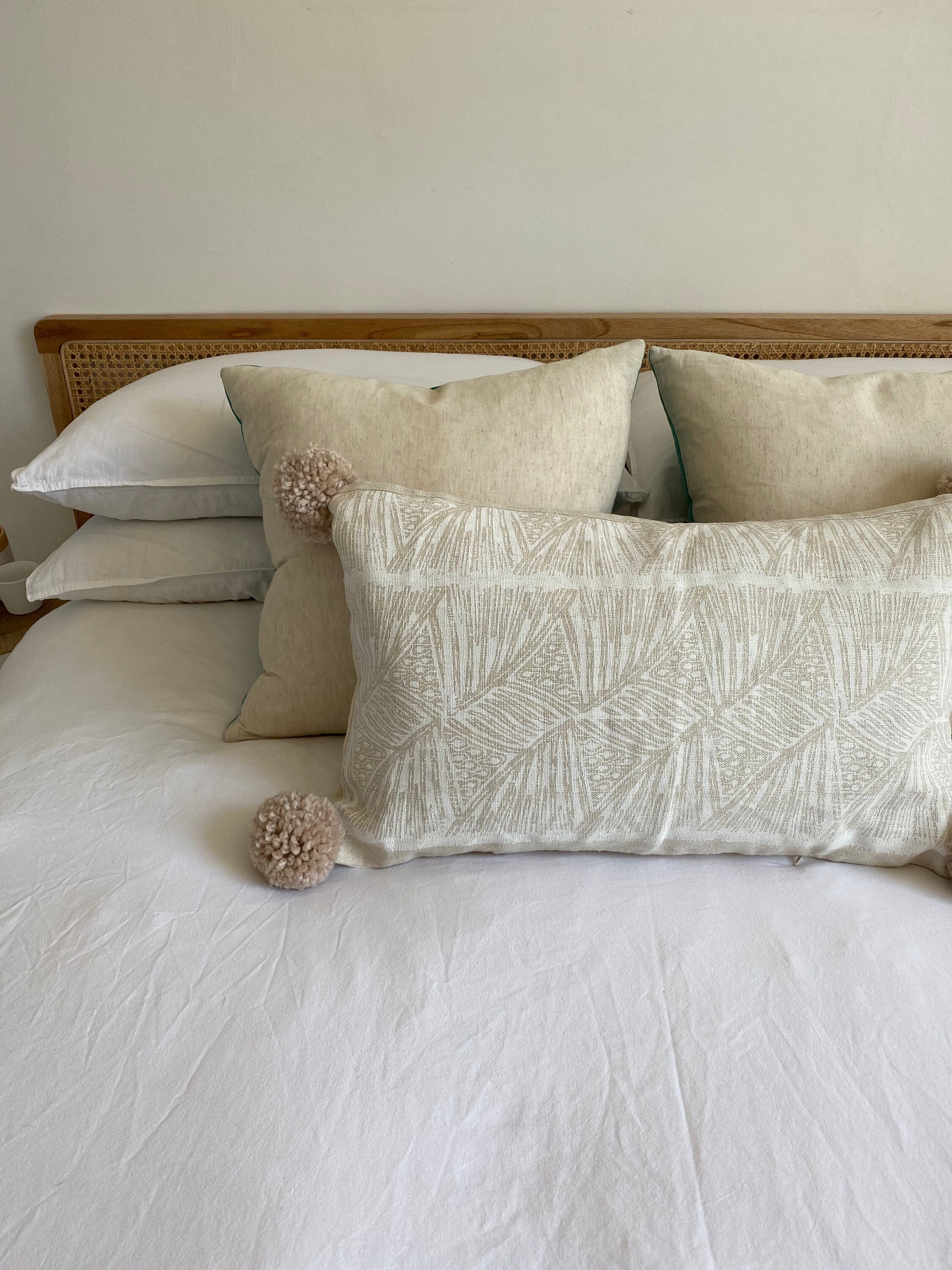 One Linen Hand Made Cushion Cover With Large Pompoms Etsy UK