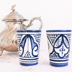 Set of two blue and white hand painted moroccan cups, tumblers