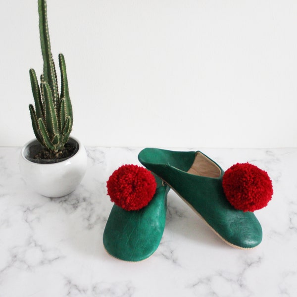 Pompom leather moroccan slippers (Pick your pompom colour)
