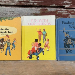 Old School Readers 3 Book Bundle 1950’s 1960’s Fun w Friends Under Apple Tree Finding New Neighbors Vintage Kids Textbooks Fun Illustrations