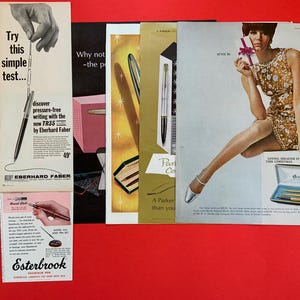 May include: A collection of vintage advertisements featuring pens. The ads showcase various pen brands, including Eberhard Faber, Esterbrook, and Parker. One ad features a woman in a gold dress. The ads are on a red background.