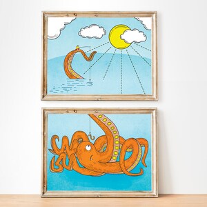 May include: Two framed art prints with whimsical illustrations. The top print depicts a sun, clouds, and an orange tentacle with a person fishing. The bottom print shows an orange octopus with a fishing hook. Both have a blue background.