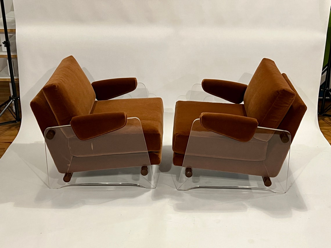 Pair of Lucite Lounge Chairs in Rust Mohair - Etsy