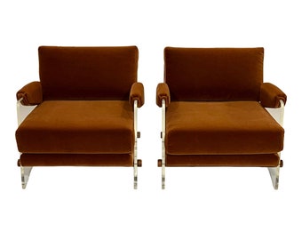 Pair of Lucite Lounge Chairs in Rust Mohair