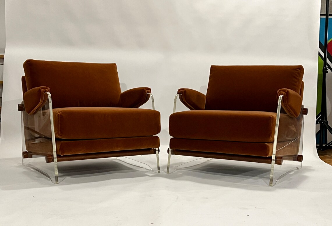 Pair of Lucite Lounge Chairs in Rust Mohair - Etsy