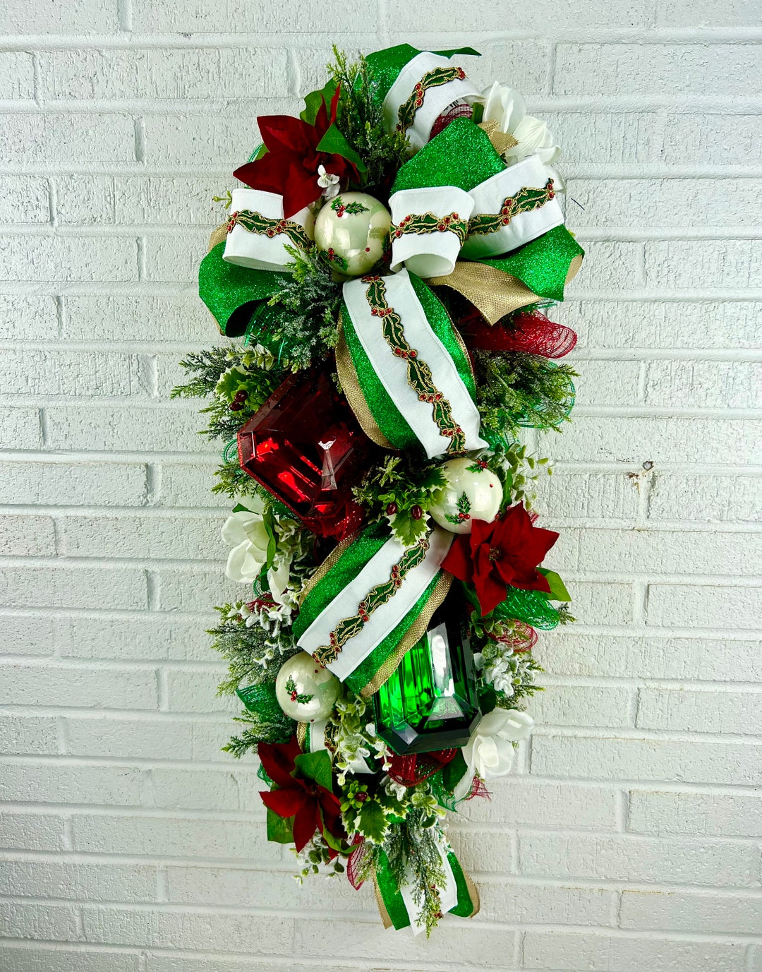 Emerald and Red Jeweled Swag, Emerald, Red and Holly Christmas Swag