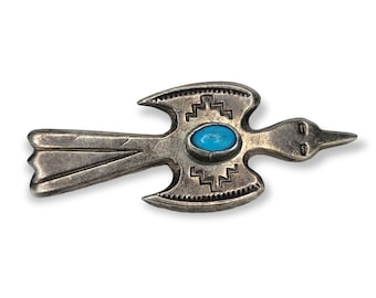 Vintage Navajo 925 Sterling Silver Turquoise Thunderbird Brooch Pin