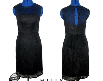 Vintage Milly Black Lace Ruffle Back Sheath Dress Size 2 Keyhole 90s