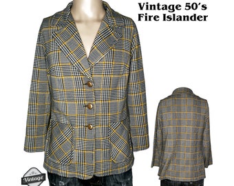 Vintage 50s Fire Islander Plaid Houndstooth Blazer Yellow Black Womens Jacket