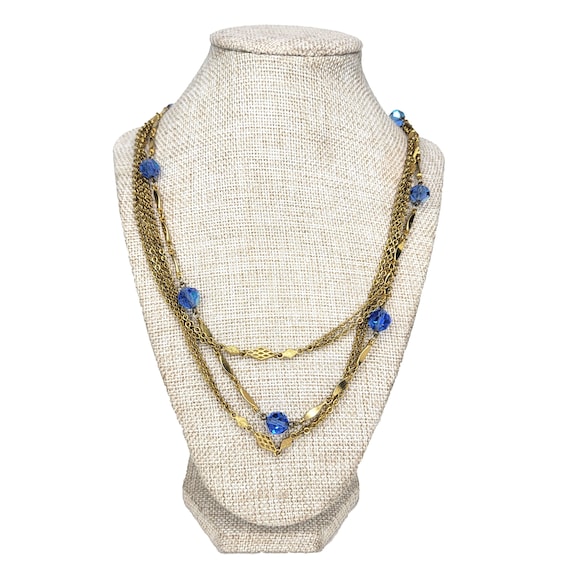 Vintage Multi Strand Gold Tone Blue AB Crystal Ne… - image 1