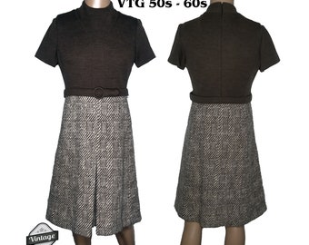 Vintage 50s 60s Brown Wool Tweed Mod Fit and Flare Dress