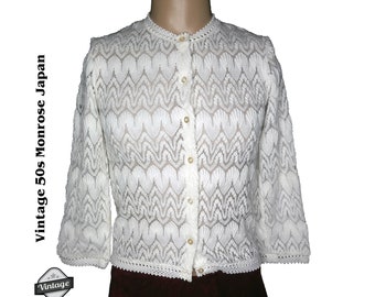 Vintage 50s 60s Monrose Knitwear White Lined Sweater Cardigan Made in Japan Soft Lightweight Button Front