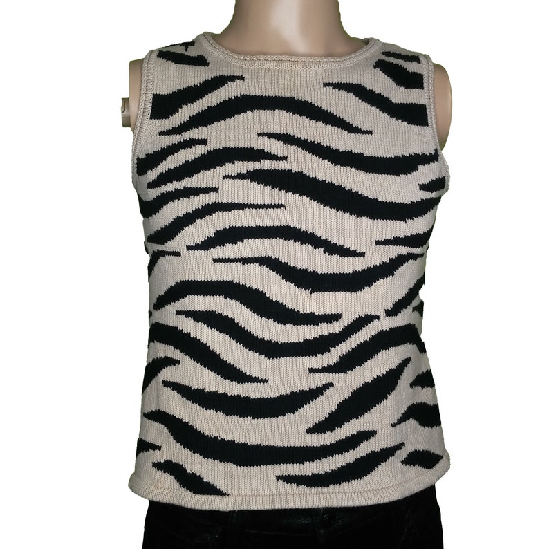 Vintage 80s Jones Wear Zebra Striped Sleeveless Sweater Vest Size Medium