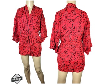 Vintage 90s Nightgown Sleep Shirt Kimono Robe Red Black Size Medium