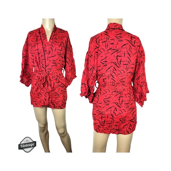 Vintage 90s Nightgown Sleep Shirt Kimono Robe Red… - image 1