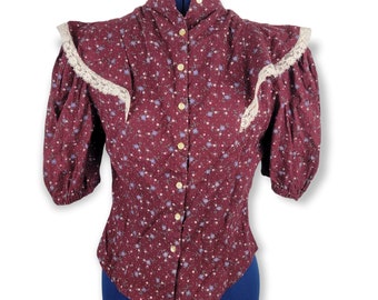 Vintage Burgundy Floral Lace Puff Sleeve Button Front Prairie Top