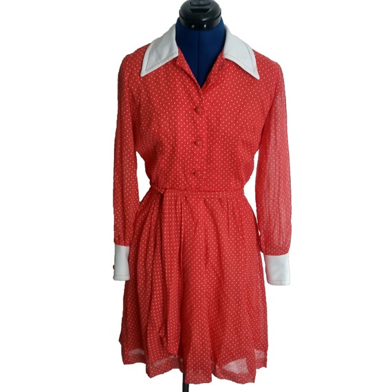 Vintage 60s 70s Red White Polka Dot House Dress M… - image 2