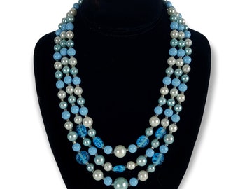 Vintage Japan Blue Multi Strand Faux Pearl Glass Bead Statement Necklace