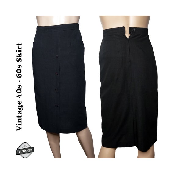 Vintage 40s 50s Black Pencil A Line Skirt with Po… - image 1