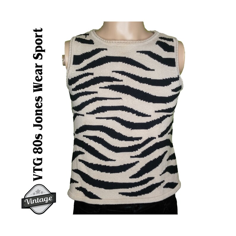 Vintage 80s Jones Wear Zebra Striped Sleeveless Sweater Vest Size Medium