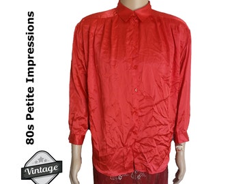 Vintage Petite Impressions Red Blouse Size 14P Red Sateen Button Up Shirt Deadstock