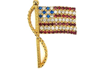 Vintage Rafaella USA Flag Crystal Rhinestone Flag Brooch Pin