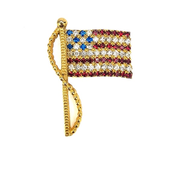 Vintage Rafaella USA Flag Crystal Rhinestone Flag Brooch Pin